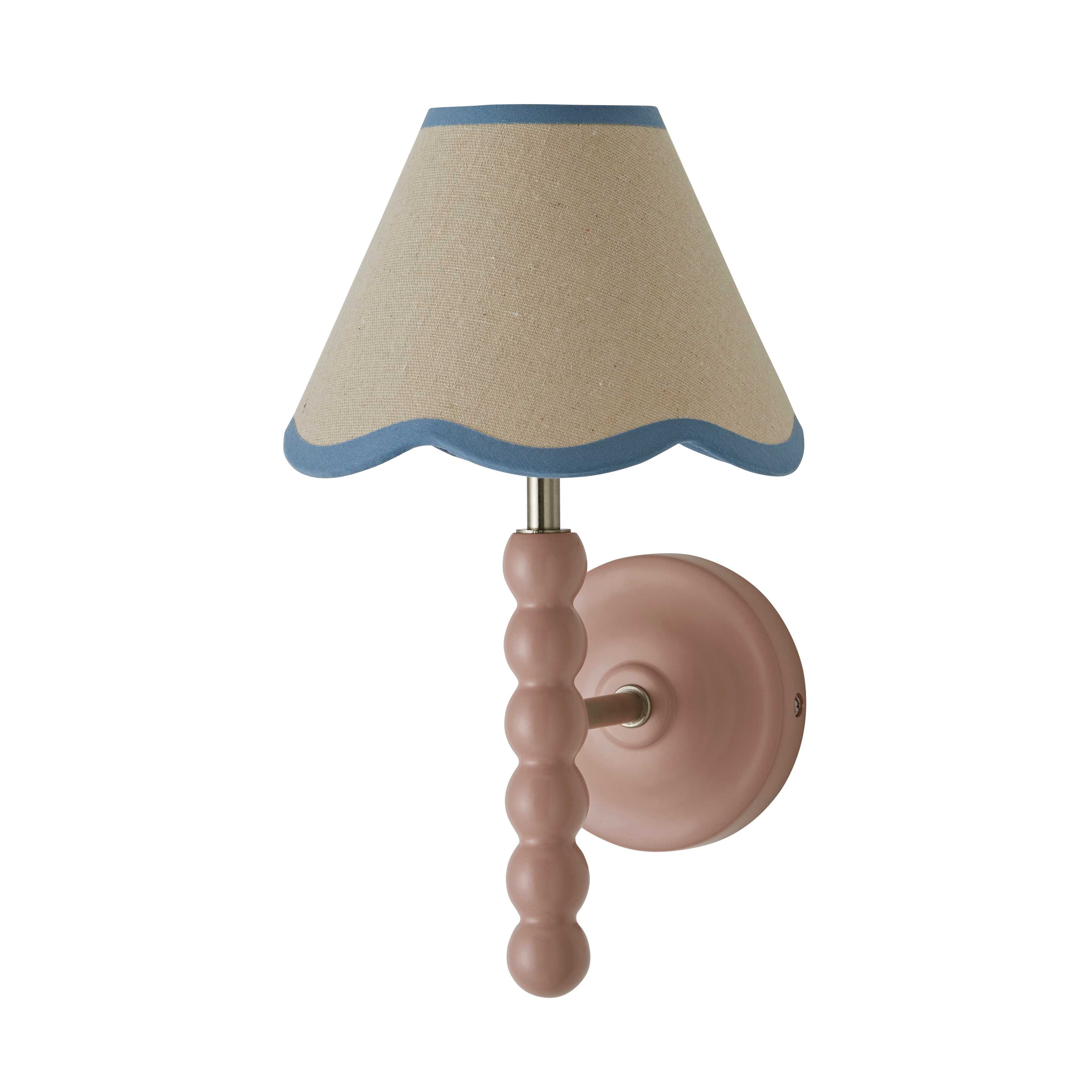 ValueLights Bobbins Rose Pink Bobble Wall Light & Linen Pastel Trim Lamp Shade in Pale Blue