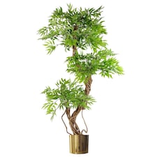 140cm Realistic Artificial Japanese Fruticosa Tree Ficus Tree Gold Metal Brushed Brass Planter | Green | 4ft