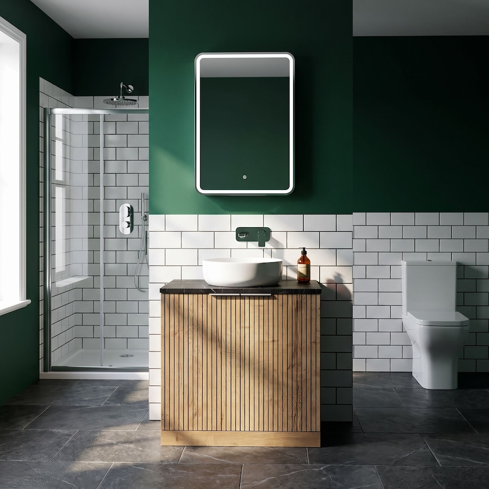 image 1 of Balterley Callingwood Contemporary Floor Standing 2 Door Vanity Unit with Black Pietra Marble Laminate Worktop , 800mm, Autumn Oak