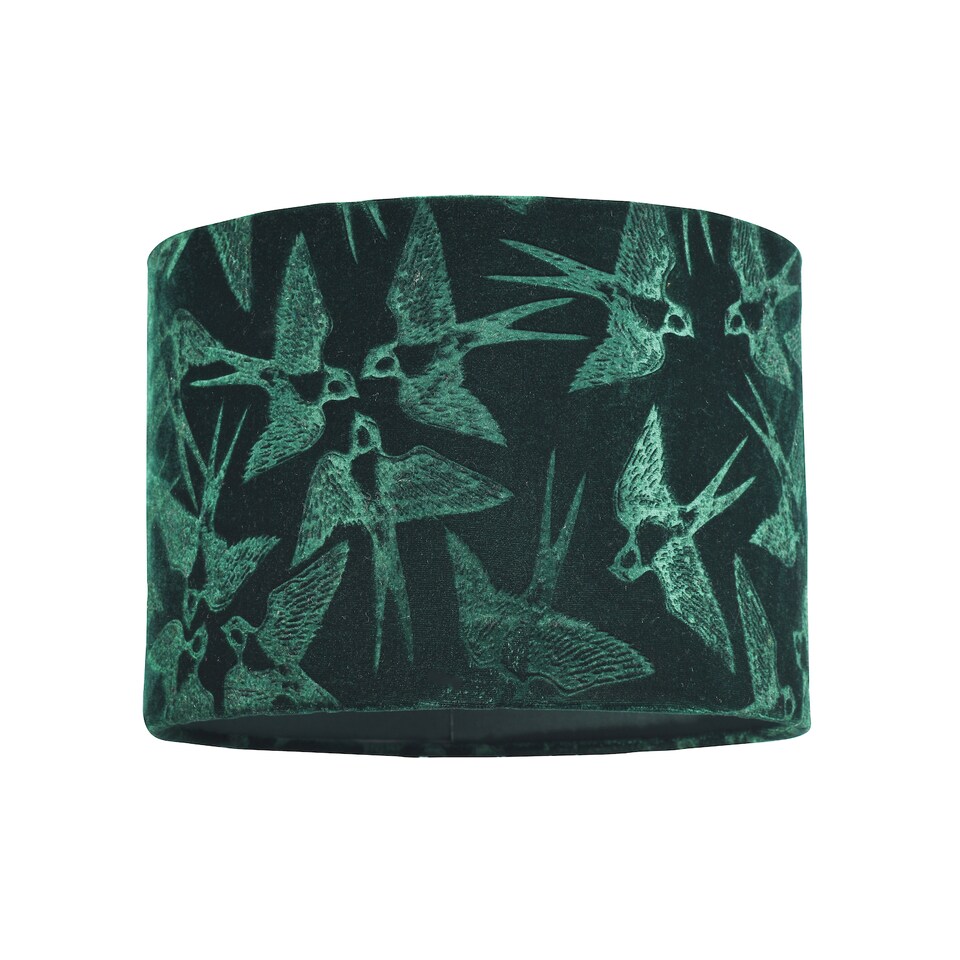 image 1 of Bird Decorated Dark Forest Green Velvet Fabric Lamp Shade with Inner Lining | Green | 10"