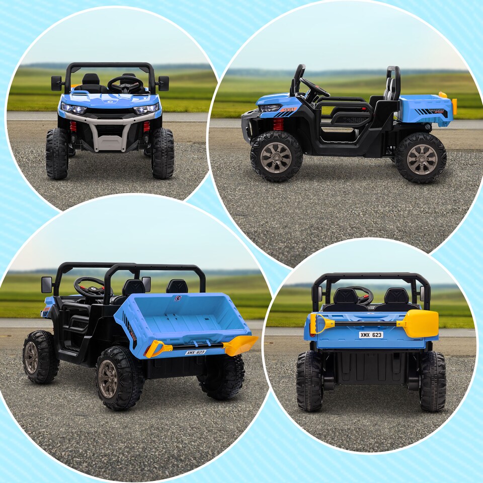 image 1 of HOMCOM Kids Ride on Car, Electric Car for Kids with Electric Bucket, 12V 2 Seater UTV with Shovel, Parental Remote, 4 Spring Suspension Wheels, Working Horn, Music - Blue