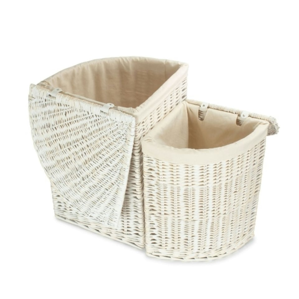 image 1 of Set of 2 Corner White Wash Wicker Laundry Basket with a Oatmeal Lining White | White