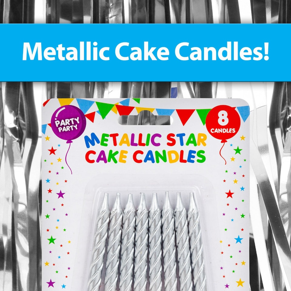 image 1 of PMS 8-Pack Metallic Silver Birthday Cake Candles 75mm