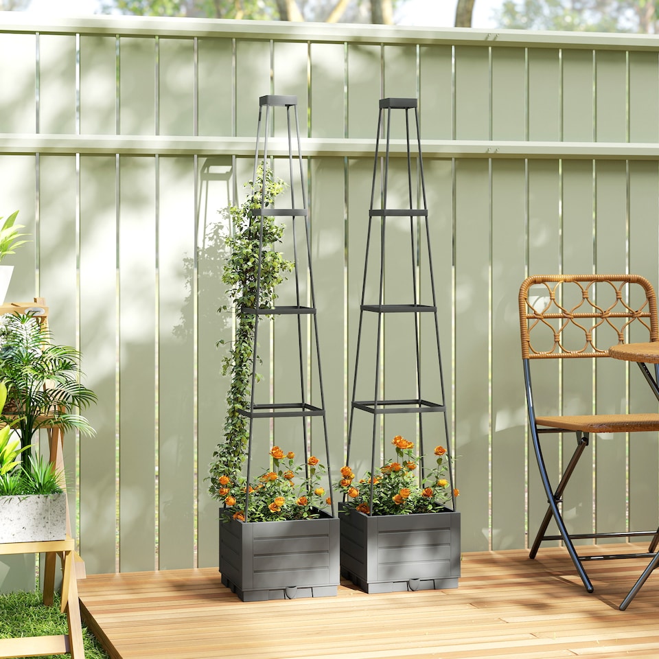 image 1 of Outsunny 2 Pack Raised Garden Bed with Trellis and Removable Drainage Tray | Grey | Grey