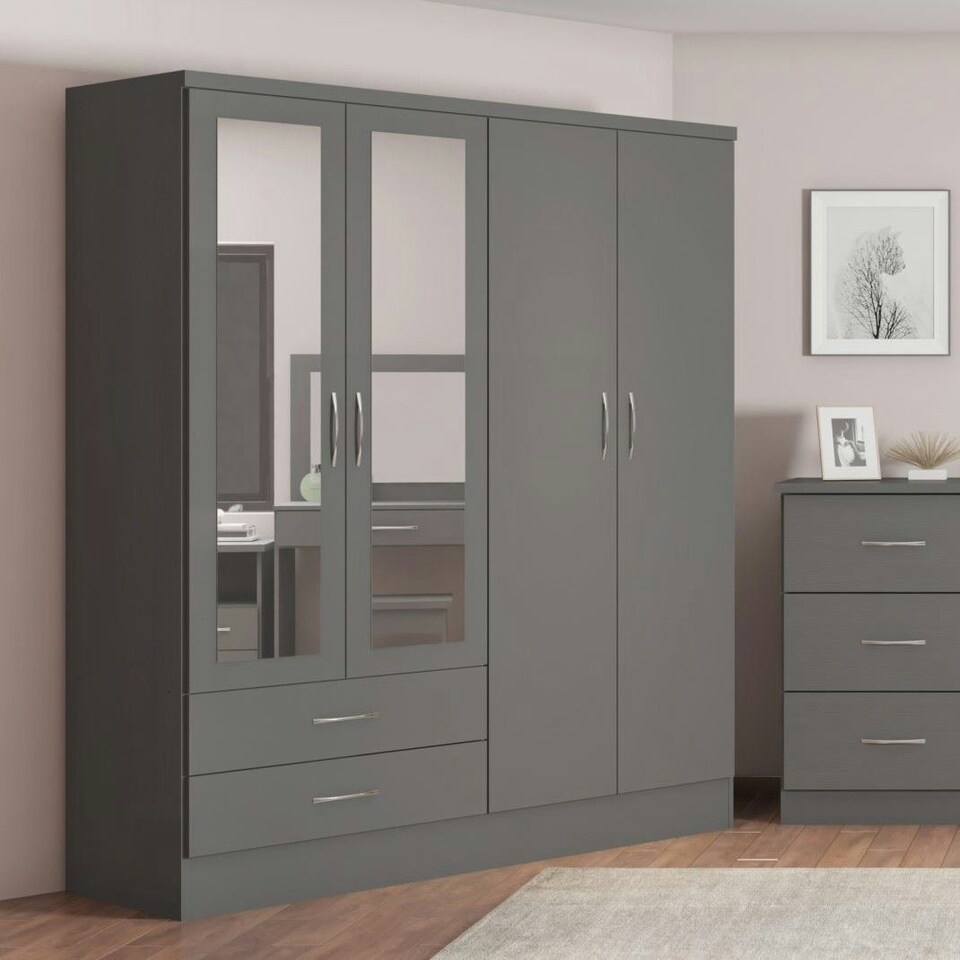 image 1 of Nevada 4 Door 2 Drawer Mirrored Wardrobe Grey | 3D Effect Grey