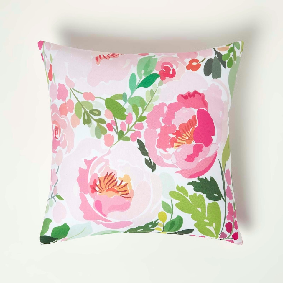 image 1 of Homescapes Pink Peony Outdoor Cushion 45 x 45 cm - Set of 2 Pink