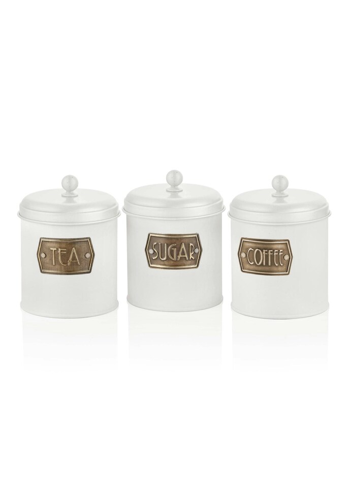 image 1 of White Coffee, Tea, And Sugar Canister Set - 17 cm (H) x 13 cm (Dia)