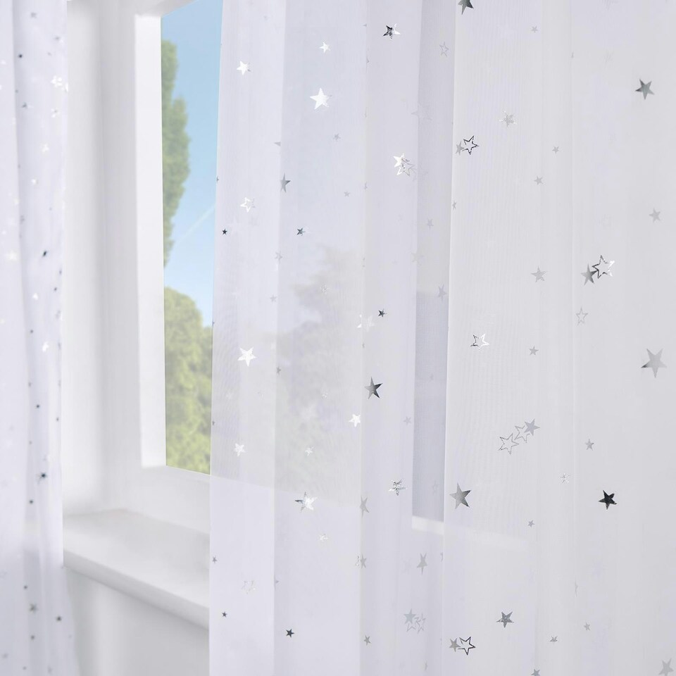 image 1 of OHS Metallic Star Slot Top Sheer Net 2 Panel Voile Curtains, 55x87'' - White