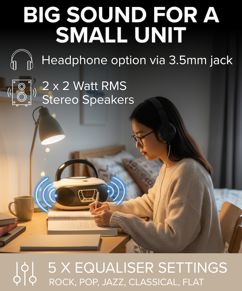 image 1 of Grouptronics Small Portable CD Player For Home With Speakers – Boombox Mains Or Battery Powered, FM Radio, Supports MP3 Audio Books - GTCDR-501