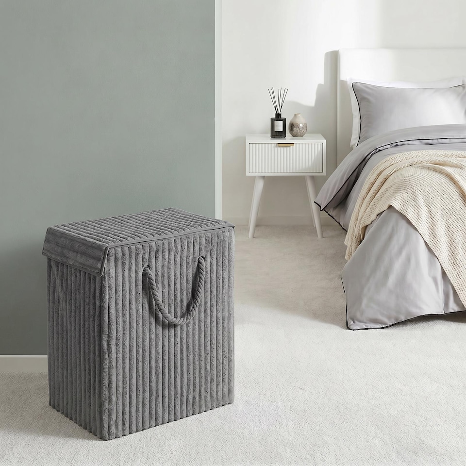 image 1 of OHS Ribbed Faux Fur Folding Laundry Basket Bag with Lid