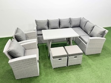 Fimous 10 Seater Garden Outdoor Rattan Furniture Set Rattan Corner Sofa Oblong Dining Table with 2 Armchairs 2 Small Footstools Light Grey Mixed