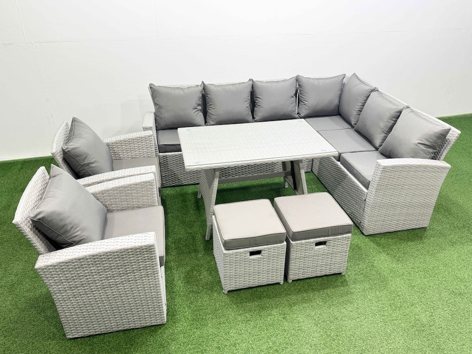 image 1 of Fimous 10 Seater Garden Outdoor Rattan Furniture Set Rattan Corner Sofa Oblong Dining Table with 2 Armchairs 2 Small Footstools Light Grey Mixed