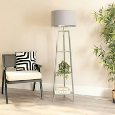 ValueLights Hiru Grey 3 Tier Shelf Floor Lamp Grey Chrome Shade Grey