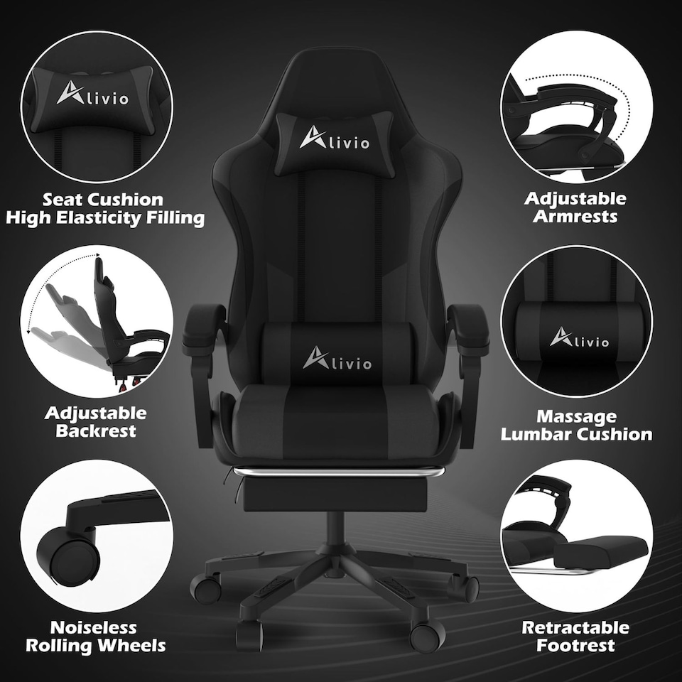 image 1 of Alivio Ergonomic Gaming Chair with Massage Lumbar Cushion & Retractable Footrest, PU Leather Video Game Chair (Black)