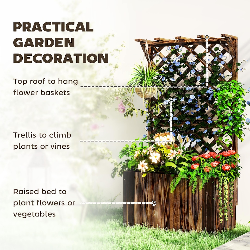 image 1 of Outsunny Wooden Planter with Trellis and Drainage Holes, Carbonised | Brown | Carbonised finish