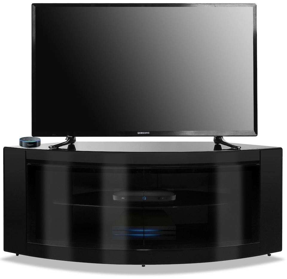 image 1 of Centurion Supports PANGEA Gloss Black Beam-Thru Curved Tru-Corner 32"-50" TV Cabinet | Black | 1