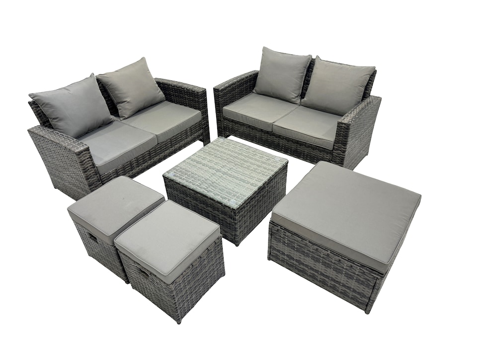 image 1 of Fimous PE Rattan Garden Furniture Set Lounge Double Seat Sofa Coffee Table Set with 3 Stools Dark Grey Mixed