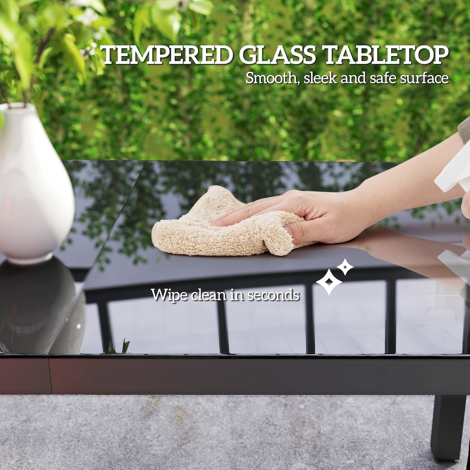 image 1 of Outsunny Outdoor Dining Table for 6 People, 150 x 88 cm Rectangular Garden Table with Aluminium Frame, Tempered Glass Top and Height Adjustable Feet for Balcony, Porch, Terrace, Grey