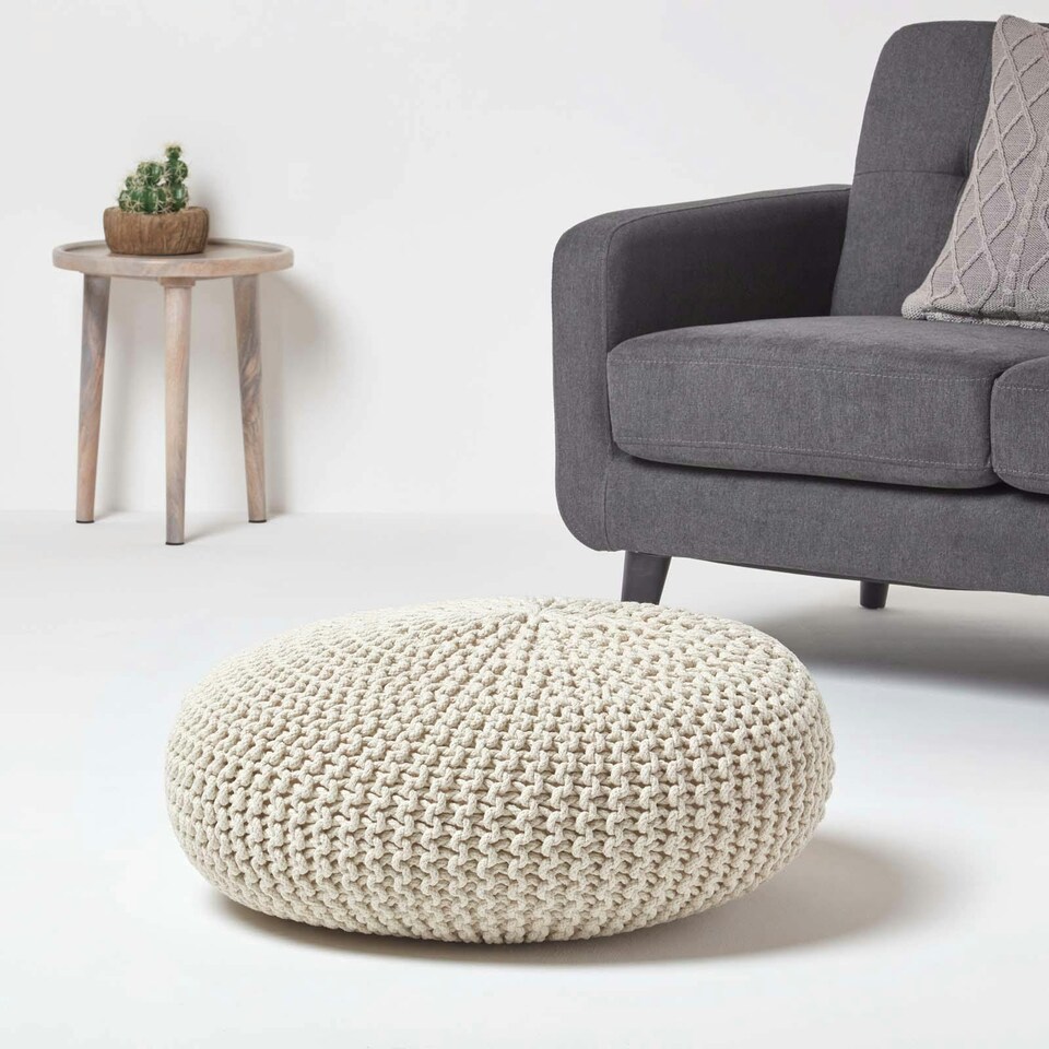 image 1 of Homescapes Natural Large Round Cotton Knitted Pouffe Footstool | Cream | 70 x 23 cm