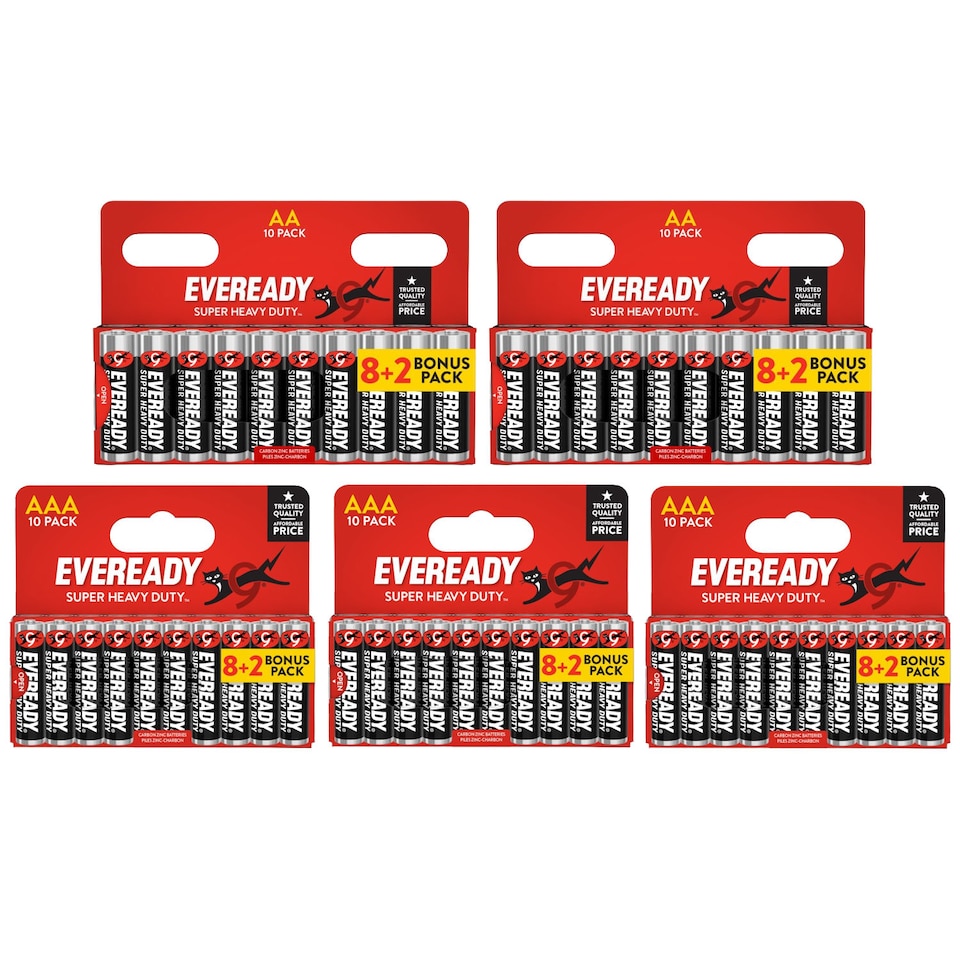 20x AA & 30x AAA Eveready Super Heavy Duty Zinc Batteries (50x Batteries)