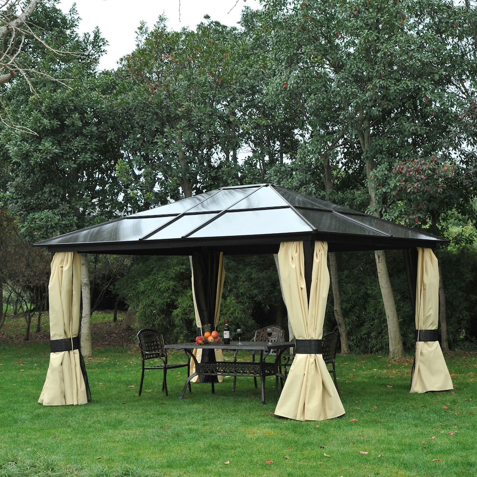 image 1 of Outsunny 3.6 x 4m Hardtop Gazebo Canopy with Polycarbonate Roof and Aluminium Frame, Garden Pavilion with Mosquito Netting and Curtains