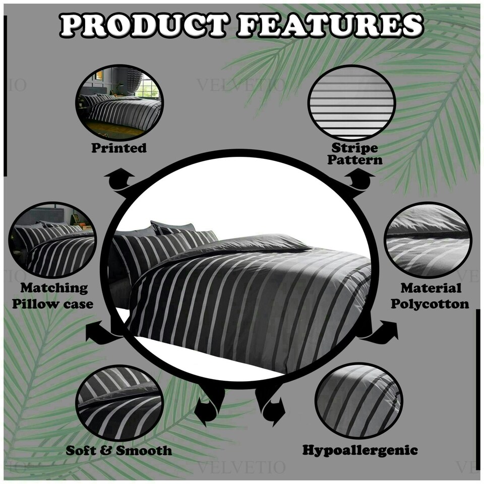 image 1 of VELVETIO Oscar Stripe Duvet Cover Set Reversible Polycotton Easy Care Beddings Grey | Double