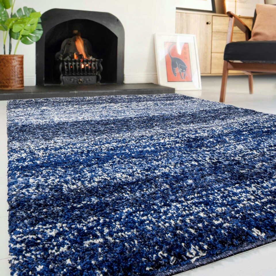 image 1 of KUKOON Navy Blue Striped Mottled Shaggy Area Rug 160cm x 230cm Blue