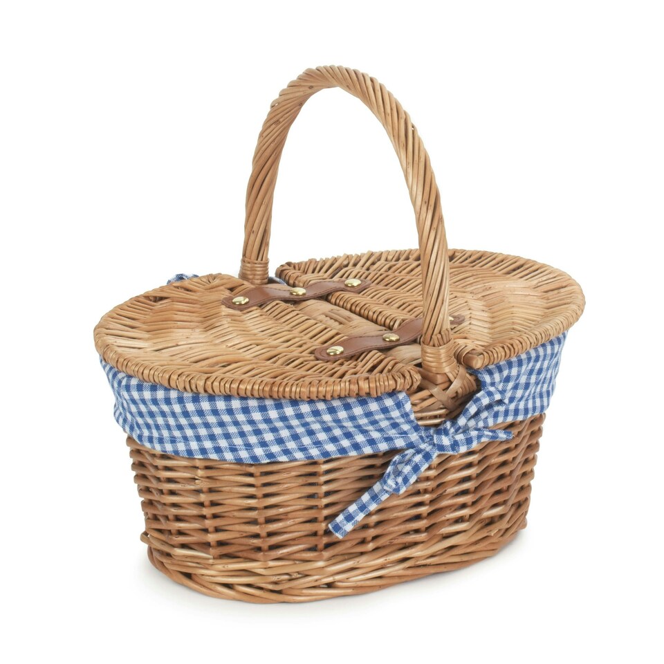 image 1 of Light Steamed Finish Check Oval Wicker Basket with Lining | Blue | Blue and White Checked | One Size