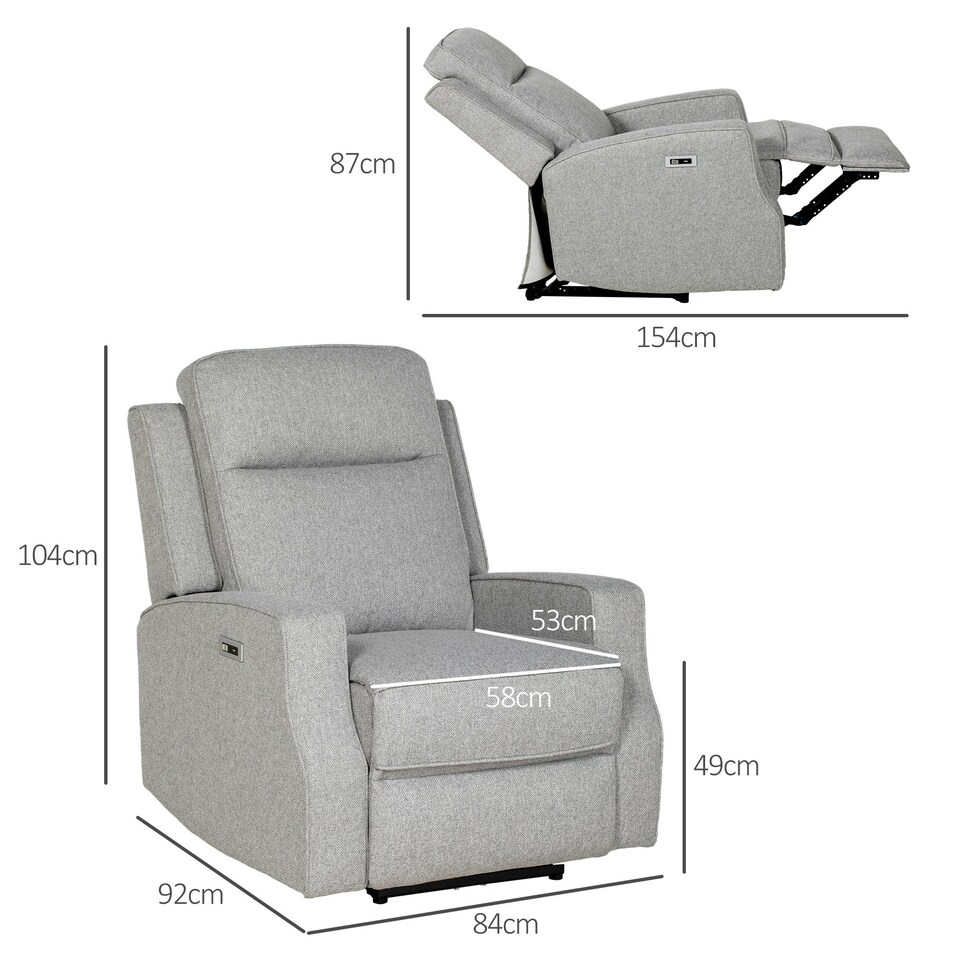 image 1 of HOMCOM Electric Armchair, Fabric Recliner Chair with USB Port, Grey
