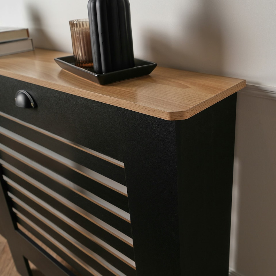 image 1 of OHS Horizontal Slatted MDF Modern Grill Shelf Cabinet Radiator Cover, Medium - Black