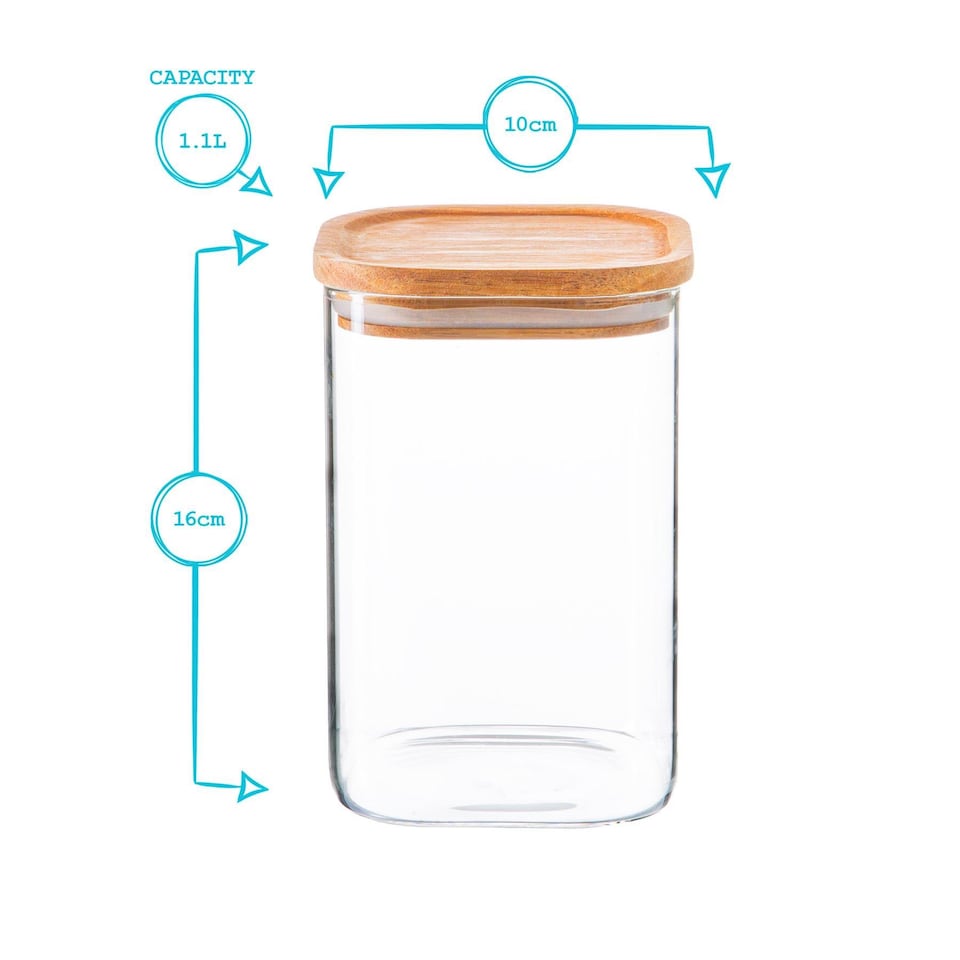 image 1 of Argon Tableware Square Glass Storage Jars with Wooden Lids - 1.1 Litre - Pack of 6