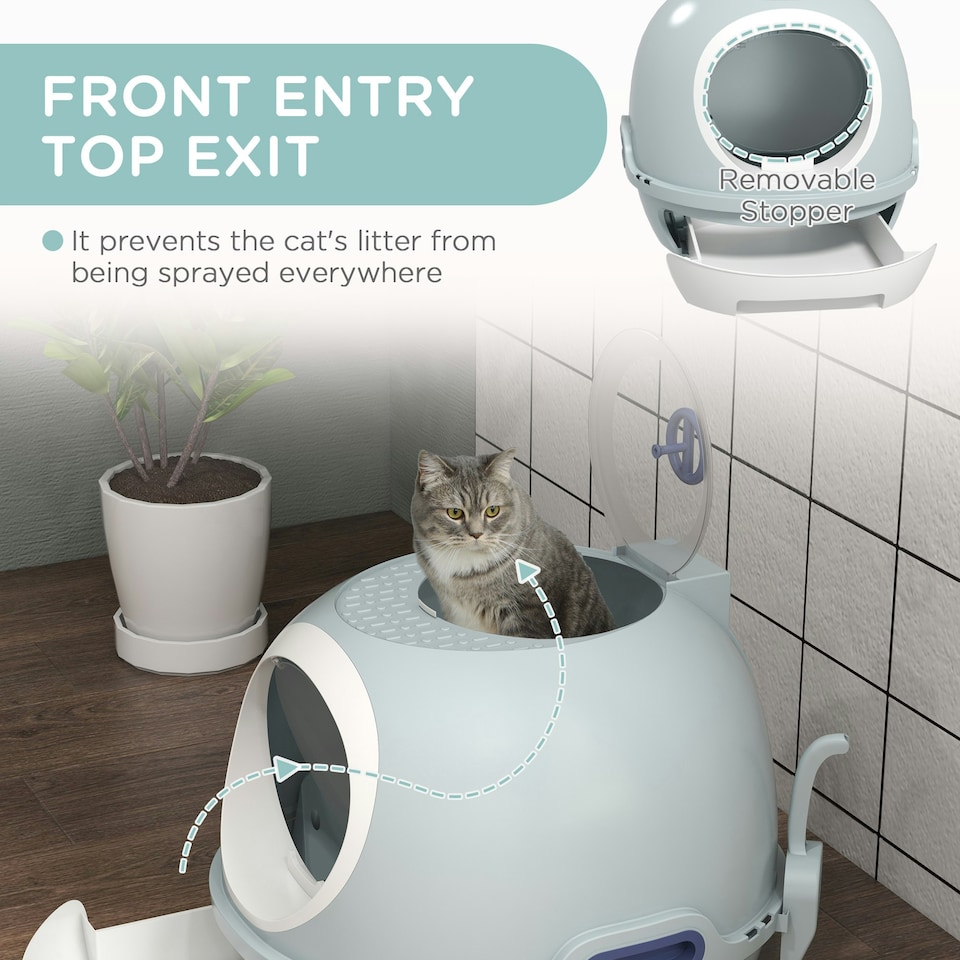 image 1 of PawHut Futuristic Capsule-Shaped Cat Litter Box w/ 2 Doors Scoop Drawer Blue