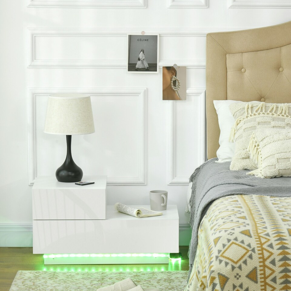 image 1 of HOMCOM High Gloss Front Bedside Table Nightstand with LED Light Remote Black