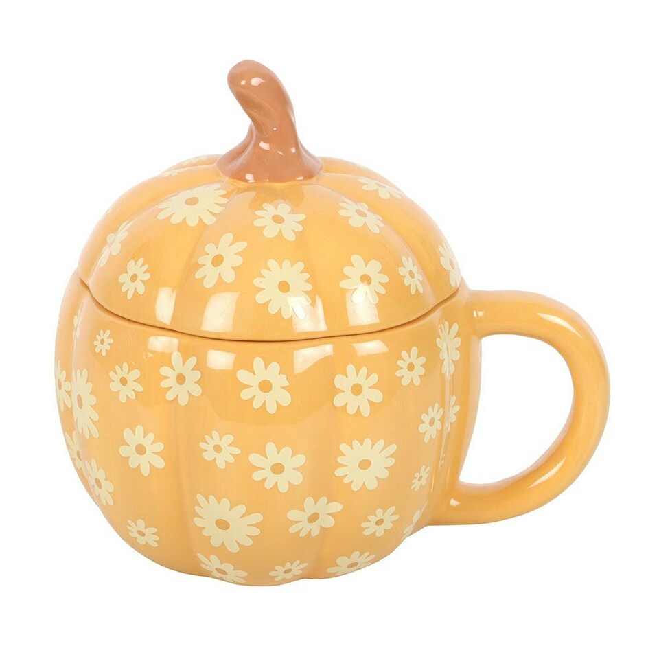 image 1 of Ceramic Groovy Floral Pumpkin Lidded Mug Orange