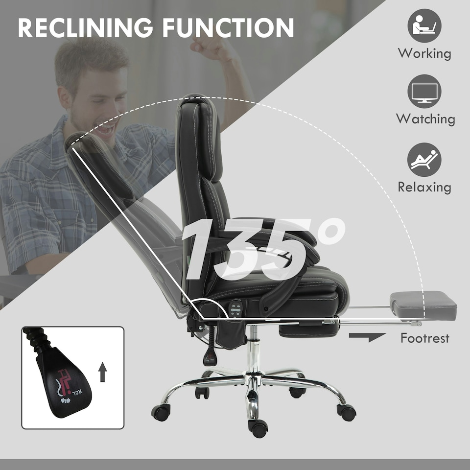 image 1 of Vinsetto Massage Office Chair, PU Leather High Back Recliner, Black
