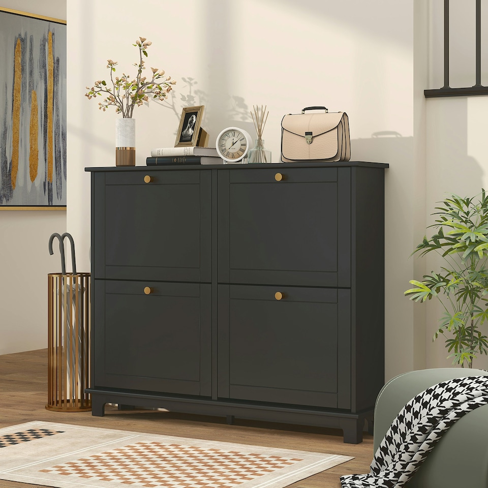 image 1 of HOMCOM Narrow Shoe Cabinet with 4 Flip Drawers Adjustable Shelves Black | Gold | 119.5W x 23.5D x 87H cm