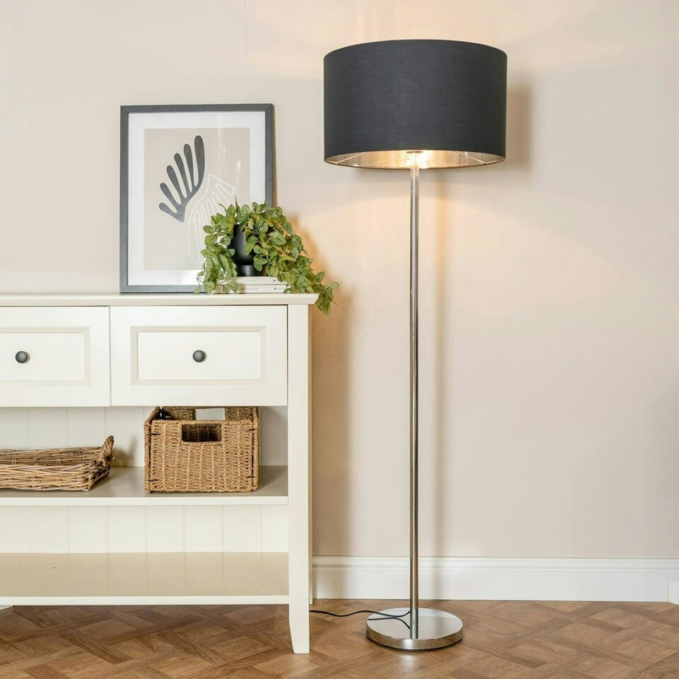 image 1 of ValueLights Charlie Chrome Floor Lamp Black Chrome Shade & Bulb