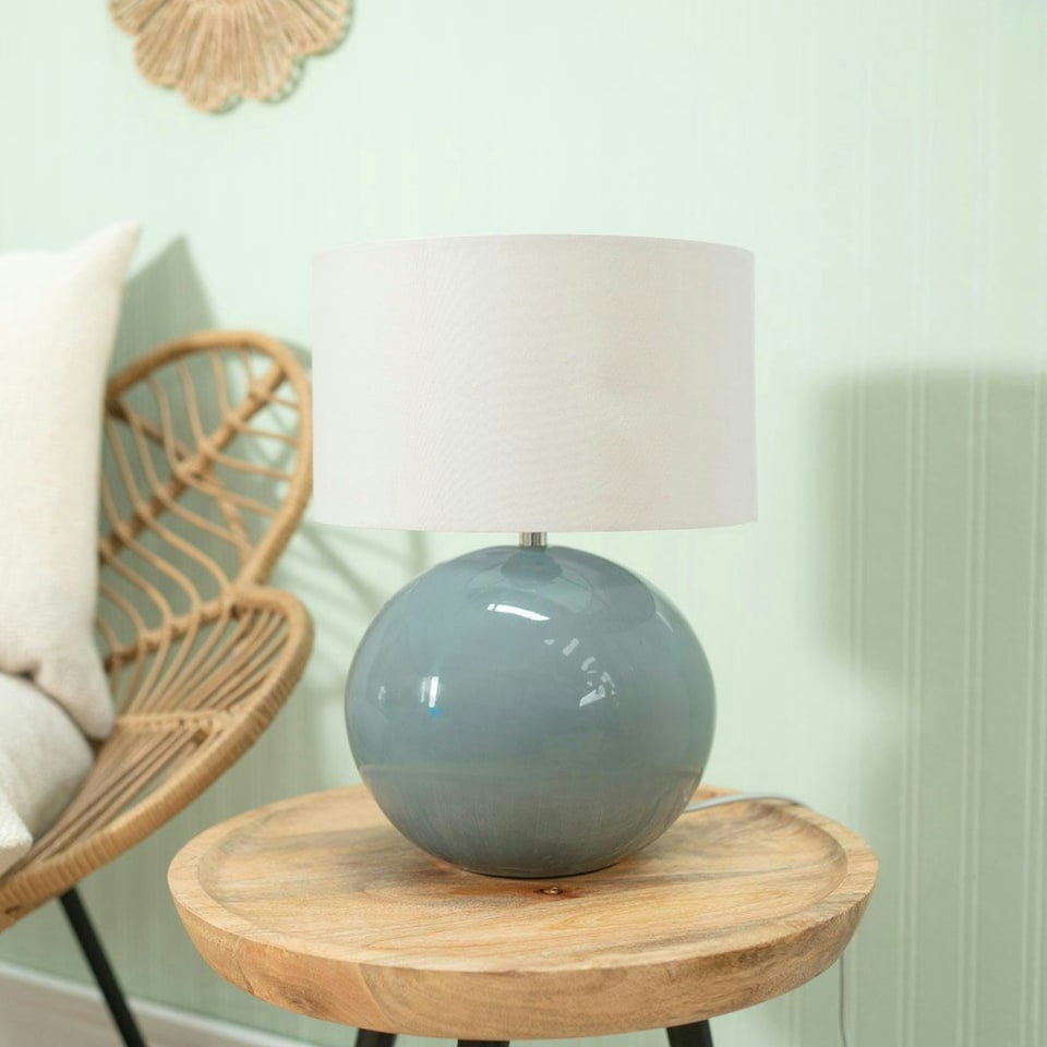 image 1 of ValueLights Bosco Eucalyptus Teal Globe Ceramic Table Lamp with White Fabric Lamp Shade & Bulb | White