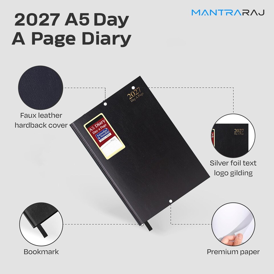 image 1 of MantraRaj 2027 Diary A5 Day a Page Hardback Casebound Cover Desk Diary Organiser Planner Black