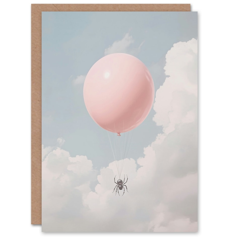 image 1 of Spider Travel Floating in Sky with a Pink Balloon Farewell Greeting Card