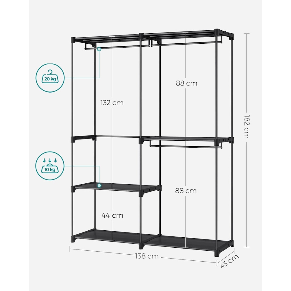 image 1 of Large Capacity Freestanding Portable Wardrobe with Shelves and Hanging Rods, Ink Black