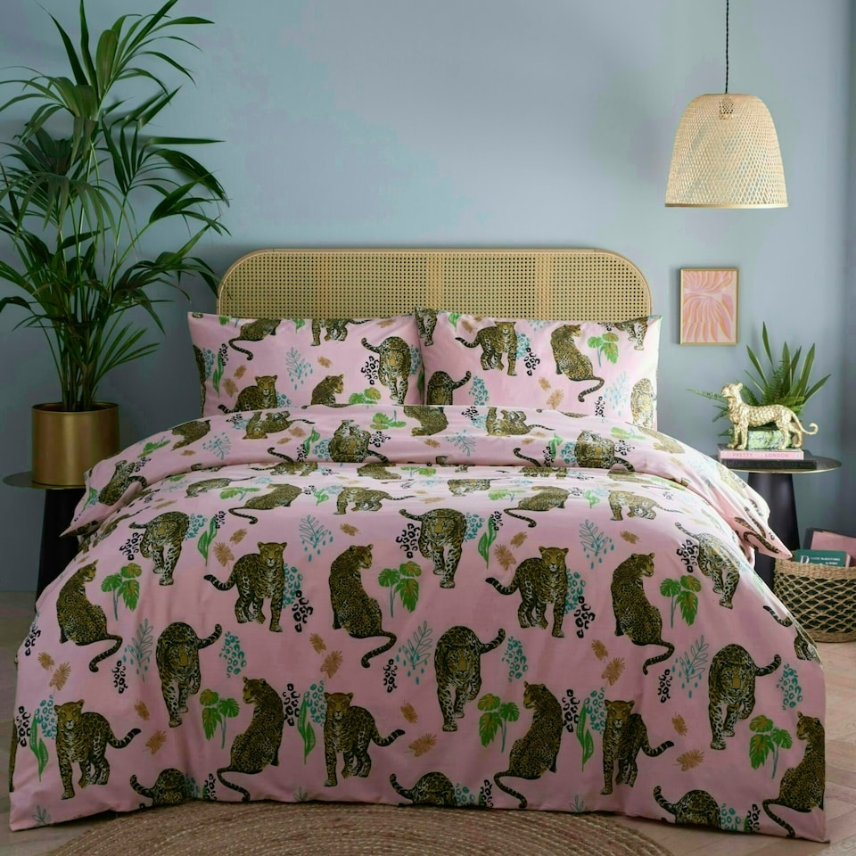 image 1 of Portfolio Home Night Jaguar Animal Print Bedding Duvet Cover Set Pink | Super King