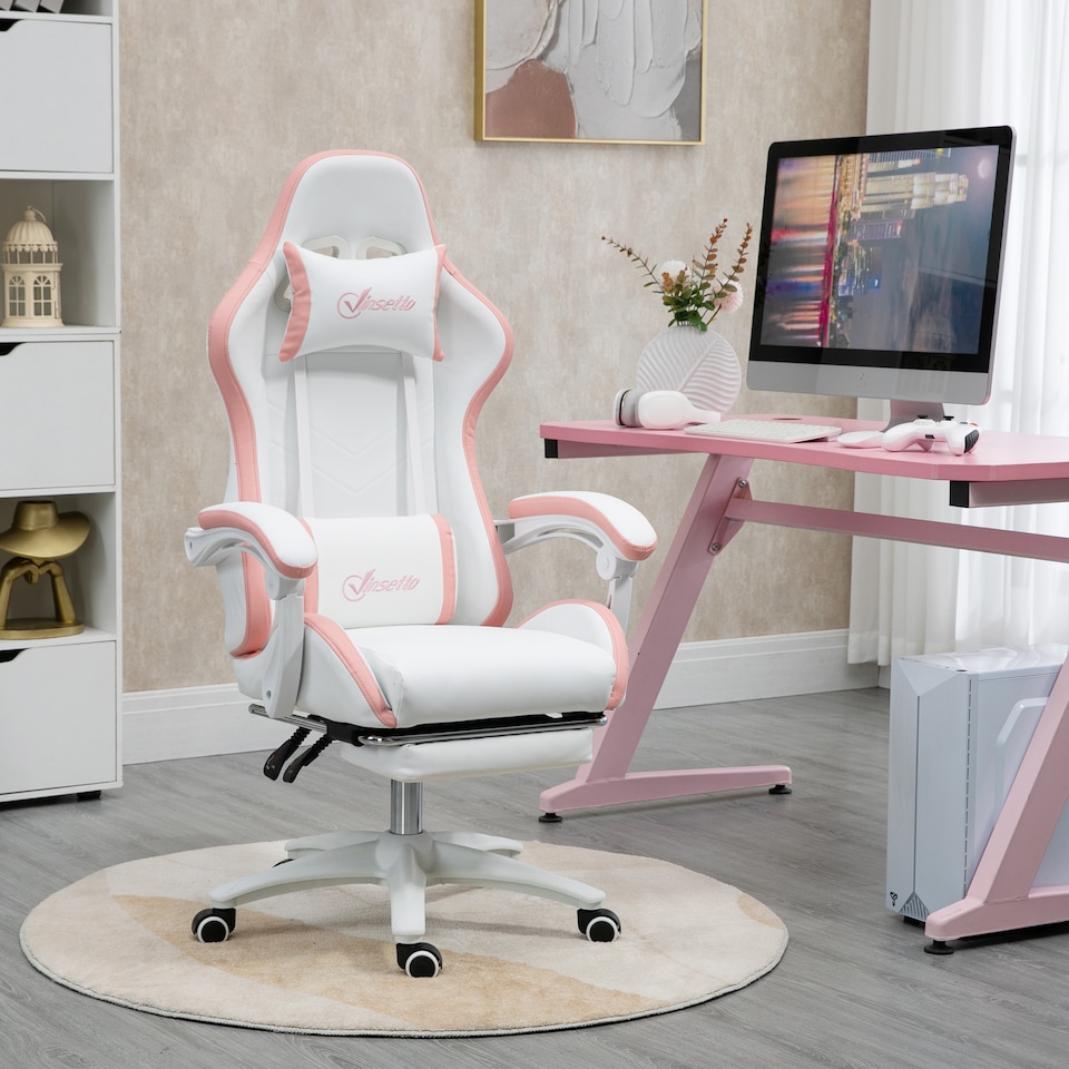image 1 of Vinsetto Computer Gaming Chair, PU Leather Office Desk Chair with Footrest, Swivel Wheels, 135 Reclining Back, Lumbar Support, Headrest for Home, White and Pink