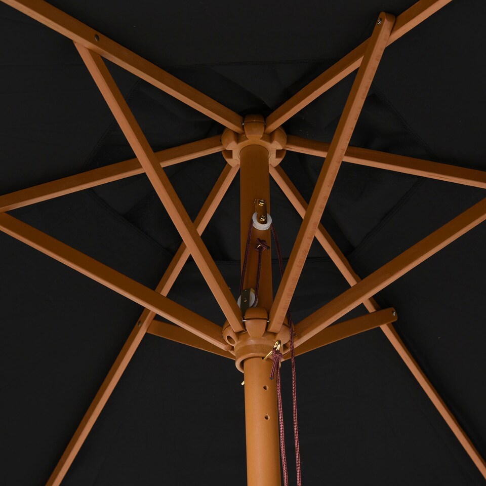 image 1 of Outsunny 2.5m Wood Garden Parasol Sun Shade Patio Outdoor Wooden Umbrella Canopy, Table Market Umbrella with Vent, 38mm Pole, Rope Pulley Mechanism, Black