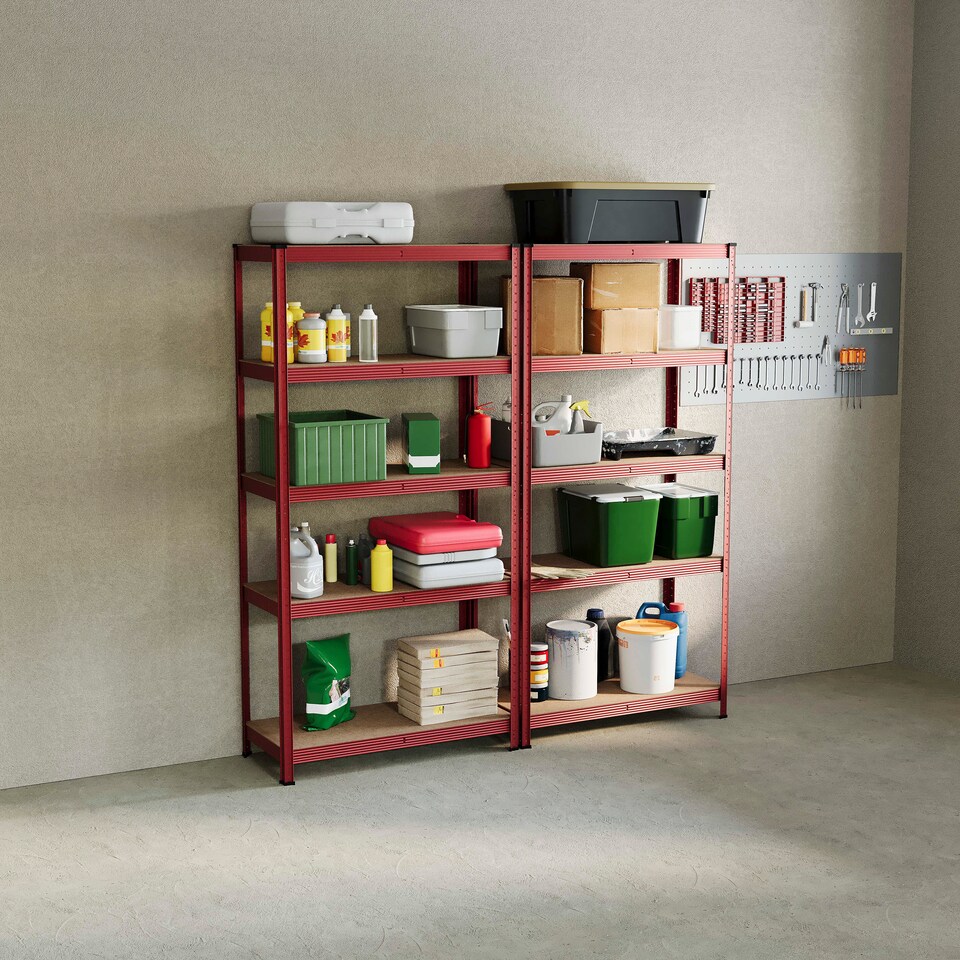 image 1 of Home Vida 5 Tier Large Heavy Duty Adjustable Steel Garage Shelving, Red - Holds 875kg - (Set of 2) | Red | Red | Large