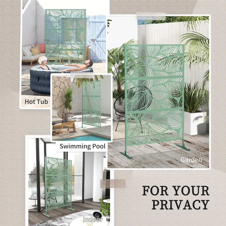 image 1 of Outsunny 6.5FT Metal Outdoor Privacy Screen Panel w/ Stand, Leaf Style | Green | Light green | 122 x 45 x 198 cm