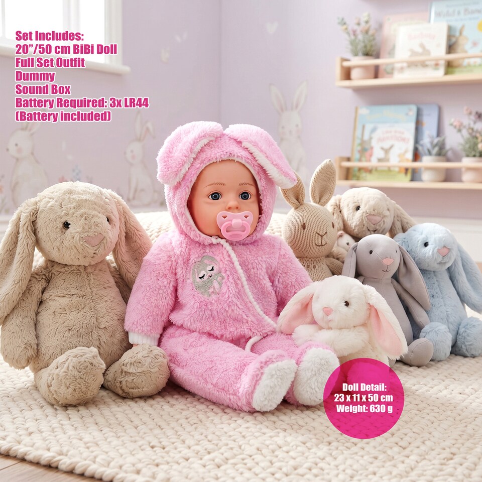 image 1 of BiBi Doll 20" Bunns Baby Doll Girl with Baby Pink Jumpsuit, Sounds & Dummy Toy