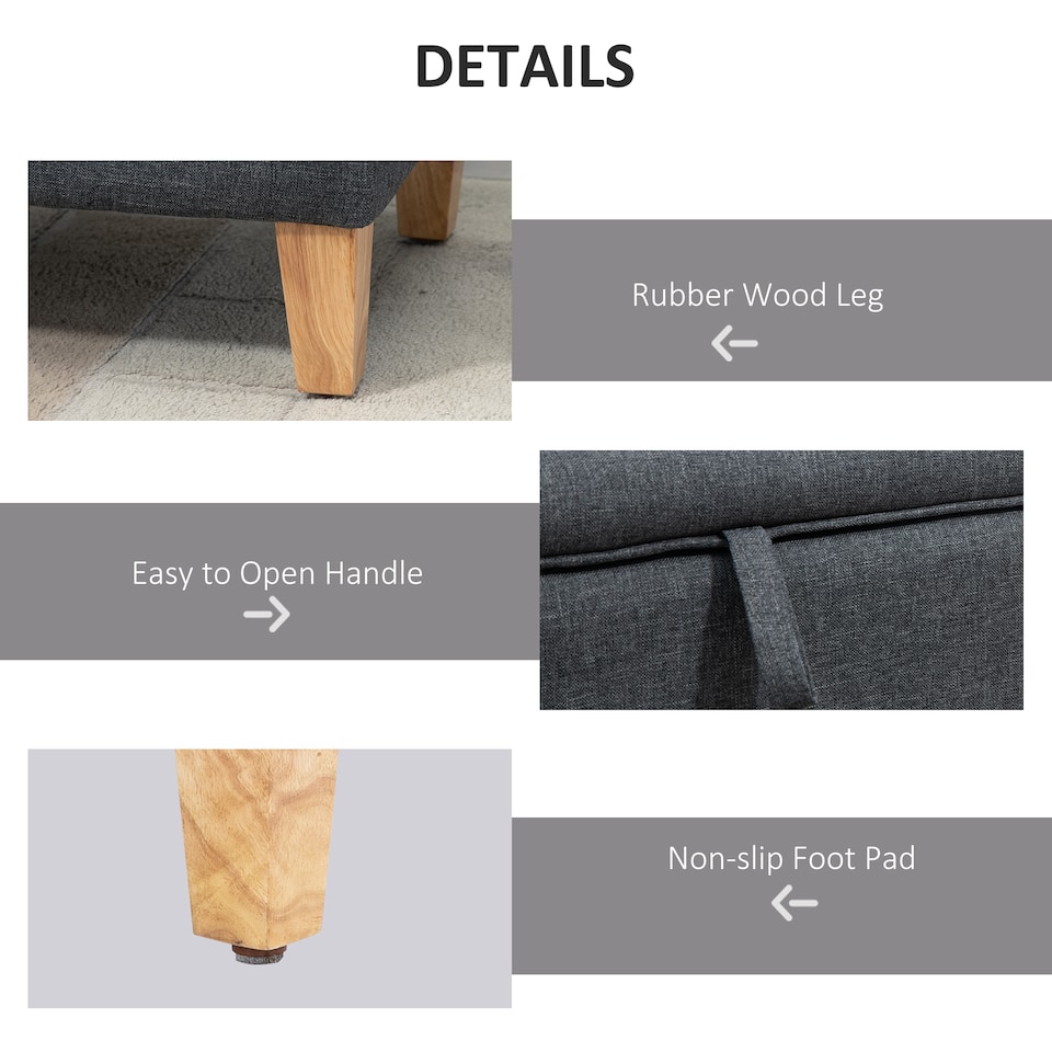 image 1 of HOMCOM Linen Storage Ottoman Storage Box with Rubberwood Legs, Dark Grey