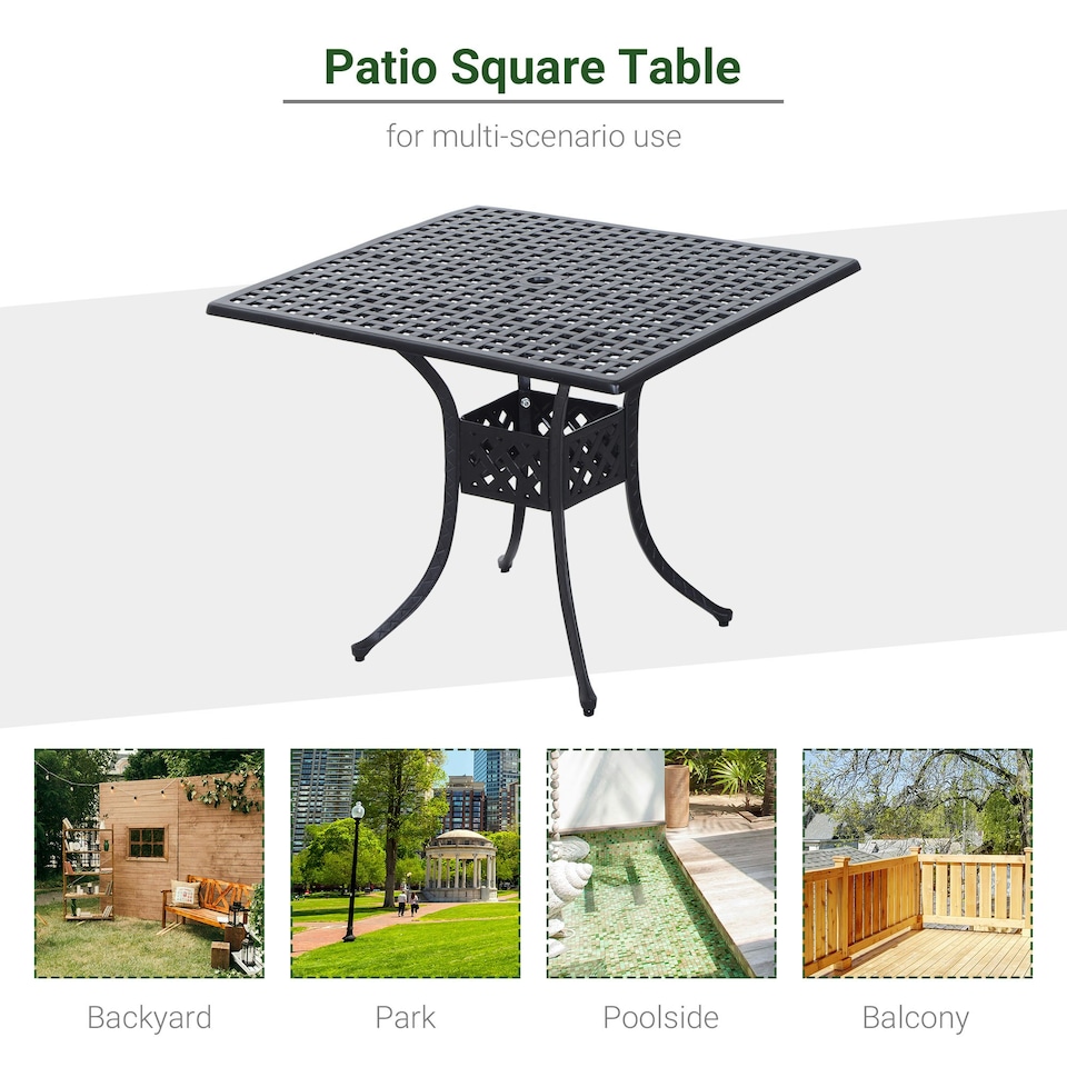 image 1 of Outsunny Square Aluminium Outdoor Garden Dining Table with Umbrella Hole, Black