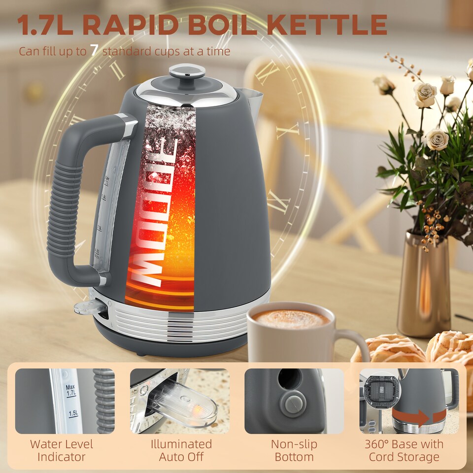 image 1 of HOMCOM 1.7L 3000W Quick Boil Kettle and 4 Slice Toaster Set Crumb Tray Grey